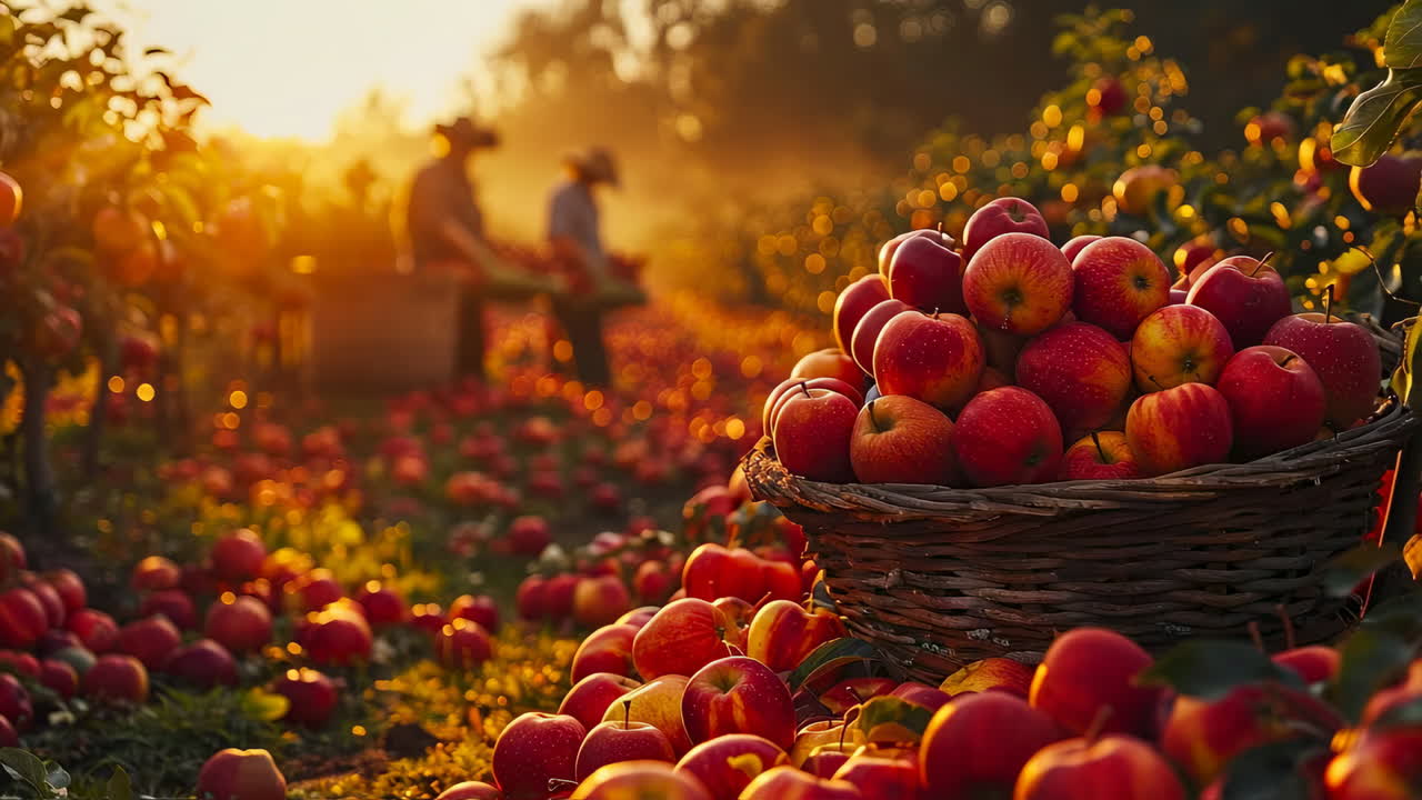 Harvesting apples at sunset in a field. Two farmers gather apples in a scenic orchard during sunset, surrounded by vibrant red apples scattered on the ground