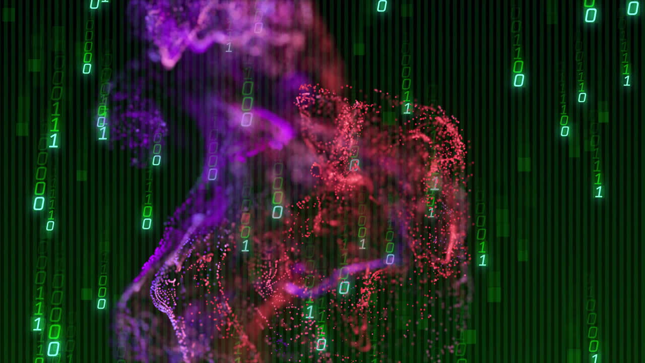 Animation of digital particles and binary code forming dynamic, colorful pattern