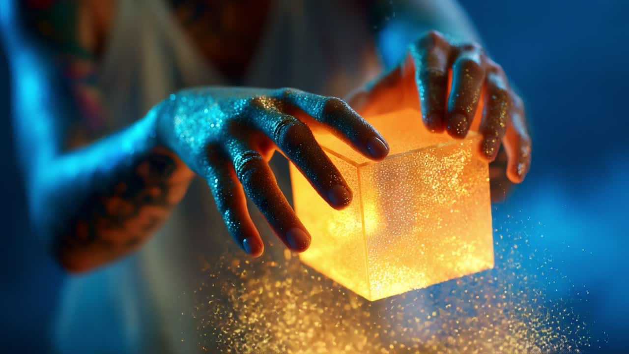 A captivating depiction of hands gently manipulating a glowing cube illuminated with ethereal golden sparkles, embodying a sense of wonder and mystery in a surreal atmosphere
