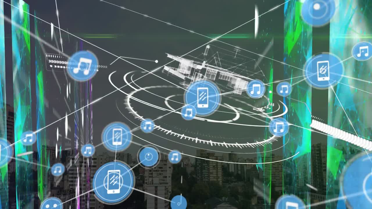 아이콘과 도시 풍경에 대한 범위 스캐닝으로 연결 네트워크의 애니메이션