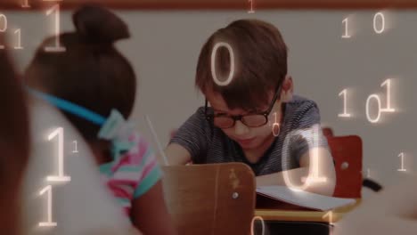 animación de codificación binaria sobre la escritura de un escolar en el aula