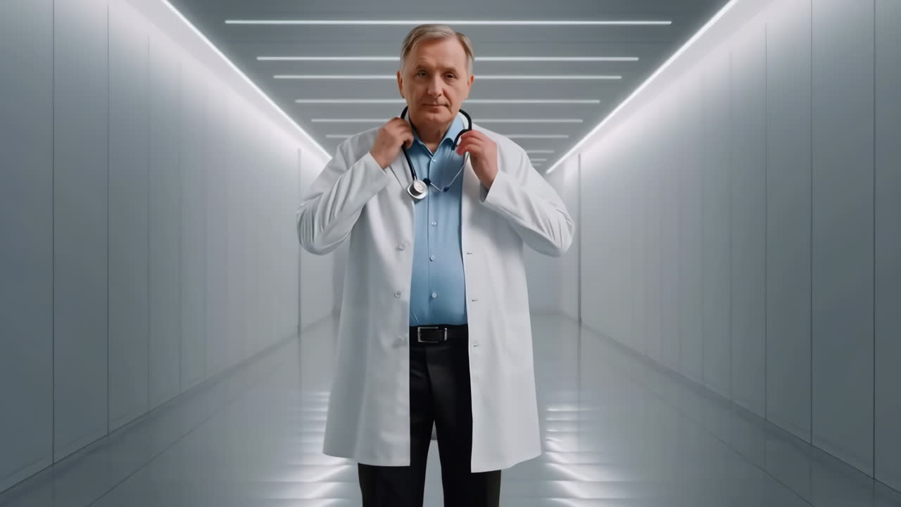 Doctor in modern hospital corridor