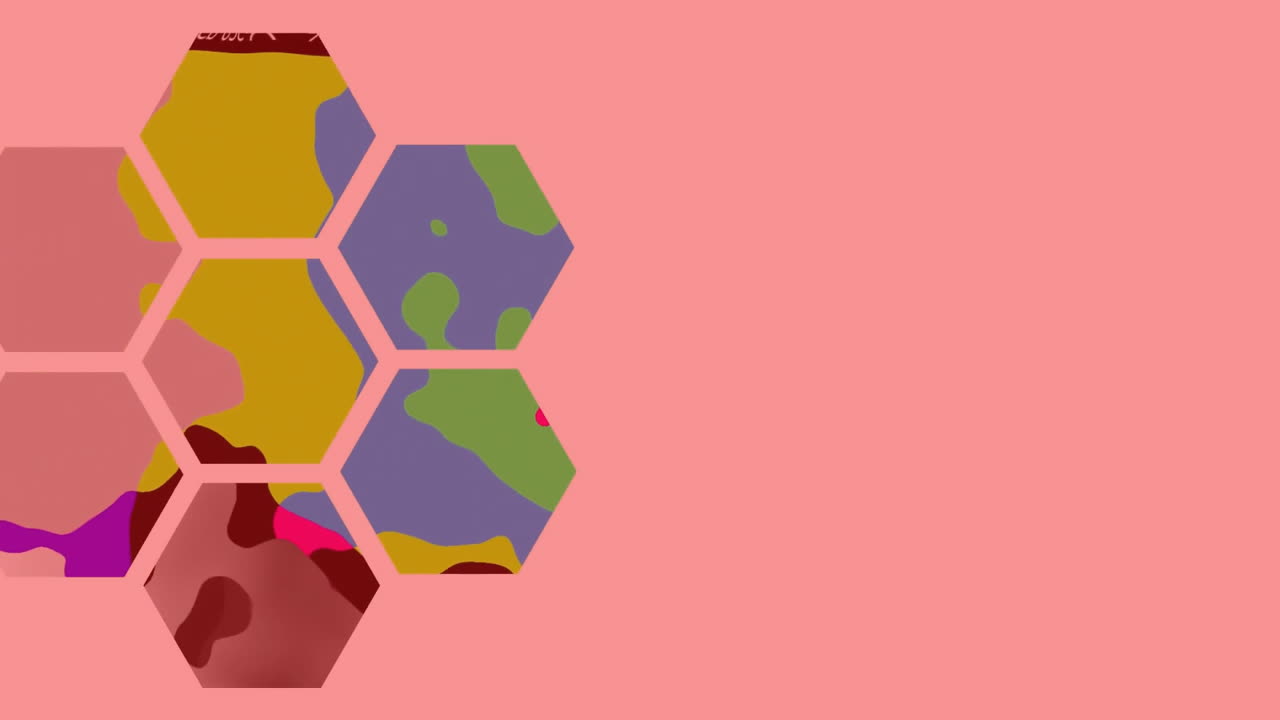 Animation of colourful shapes over pink background