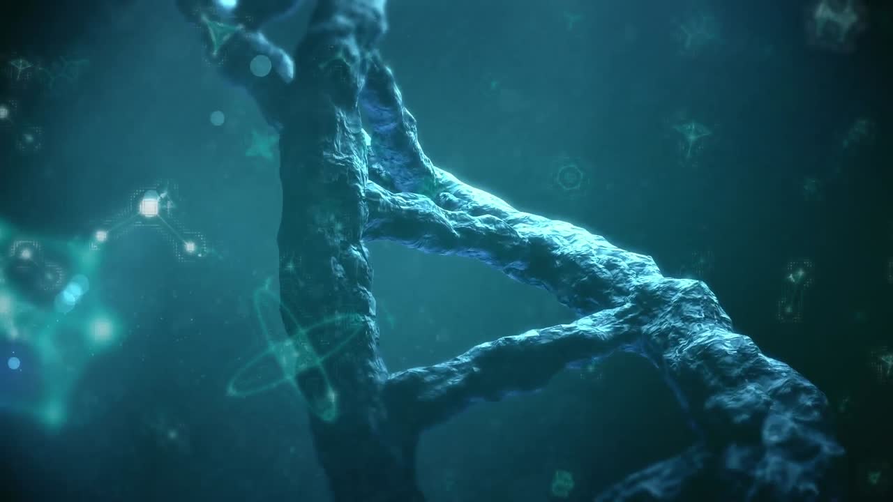 animación de moléculas y elementos químicos y cepas de adn flotando sobre un fondo azul