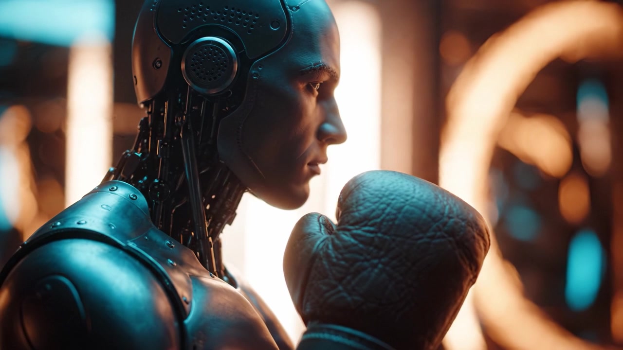 Una figura robotica umanoide futuristica che indossa un guantone da boxe si prepara per una competizione, simboleggiando l'intersezione tra tecnologia e sportività in un ambiente ad alta tecnologia