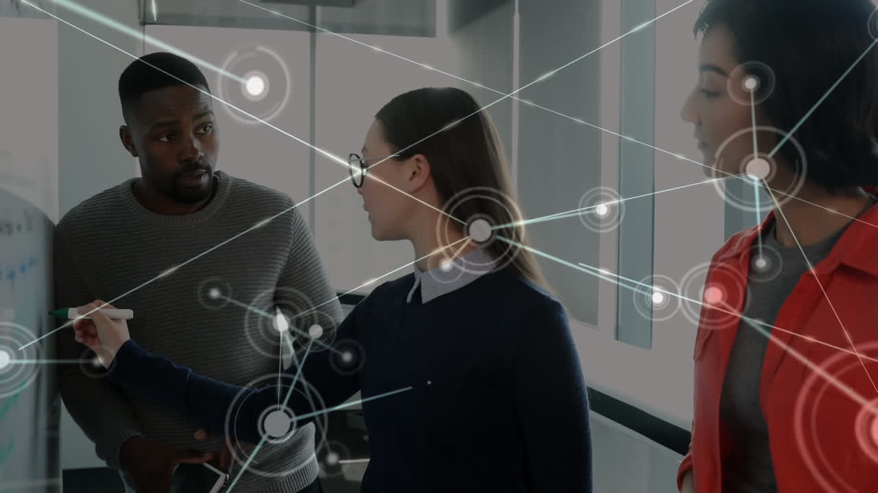 Animation of network of connections over diverse colleagues discussing over a whiteboard at office