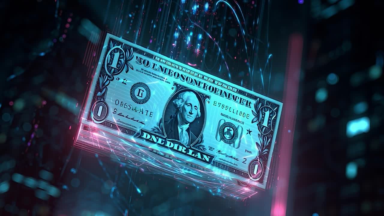Fütüristik bir şehir manzarasında bir dolar banknotunun dijital temsili
