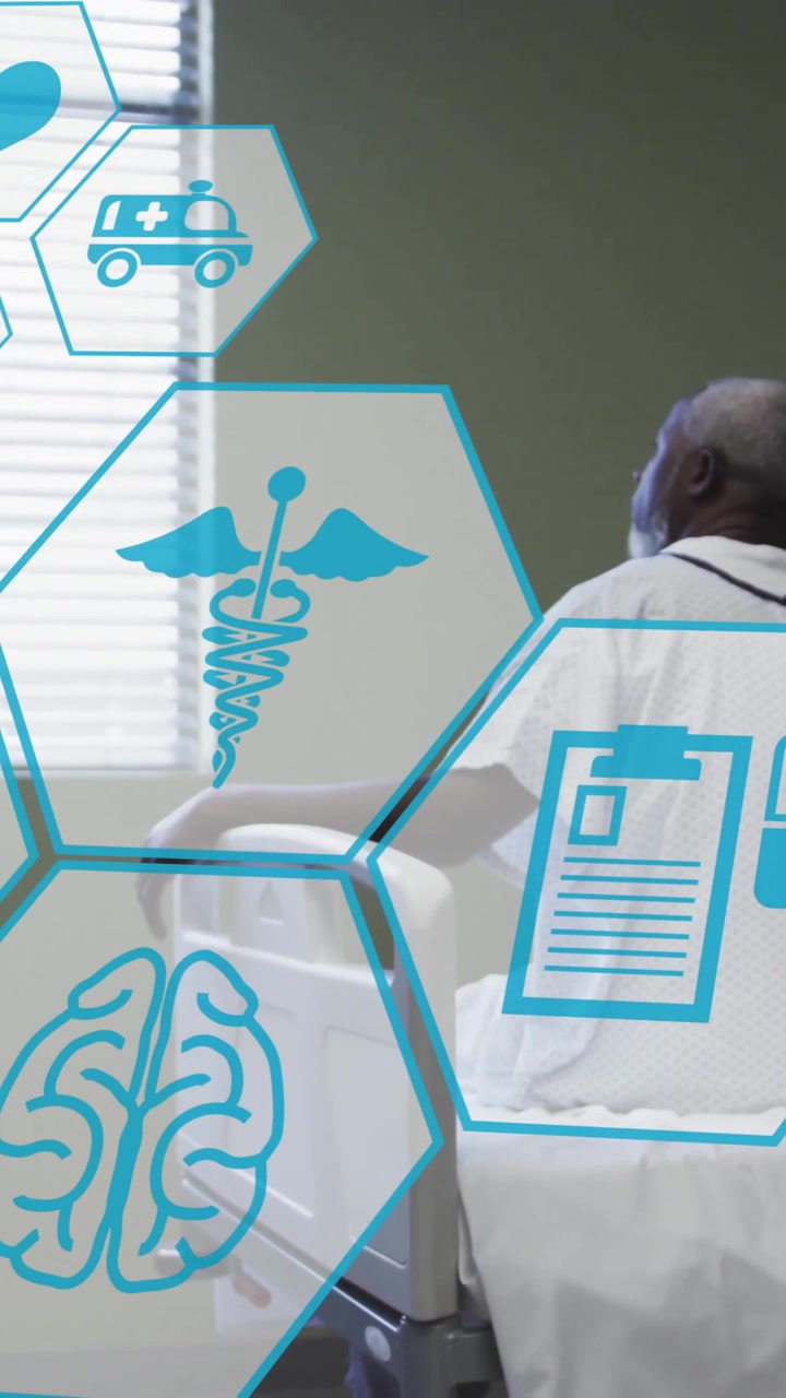 Animación de red de iconos médicos sobre hombre afroamericano en cama de hospital
