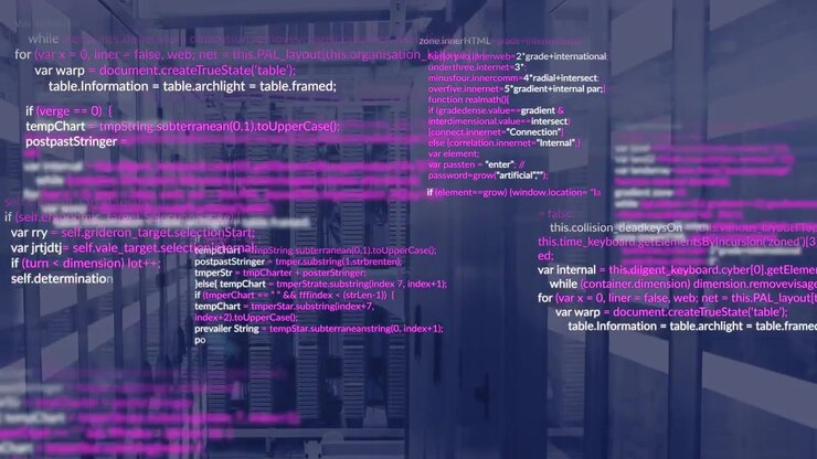 Анимация обработки данных и световых следов на фоне серверной комнаты