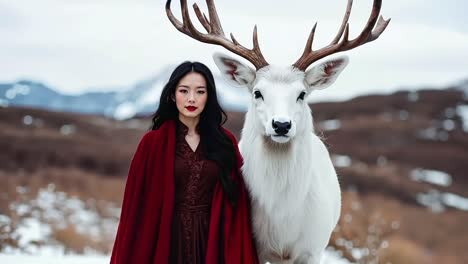 a woman in a red dress standing next to a white deer