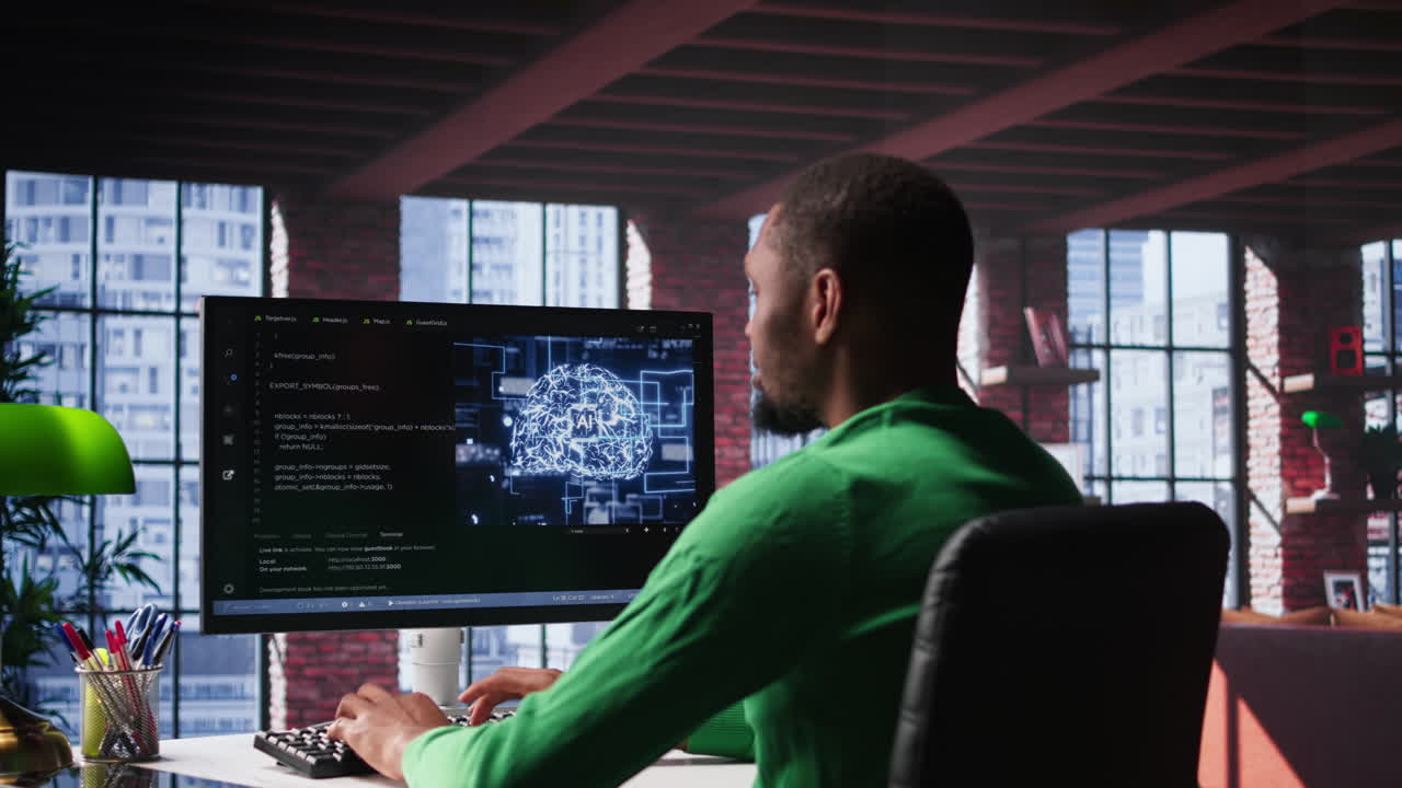 Vertical Video Black tech engineer programming an AI brain neural network for machine learning