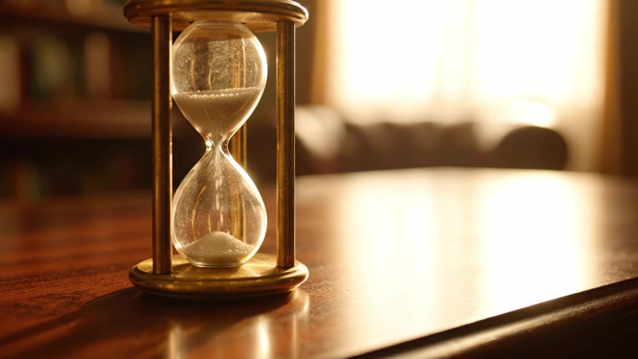 Eine elegante Sanduhr steht auf einem polierten Holztisch und fängt die Essenz von Zeit, Nostalgie und Schönheit ein, während sanftes Licht in den warmen, ruhigen Raum strömt.
