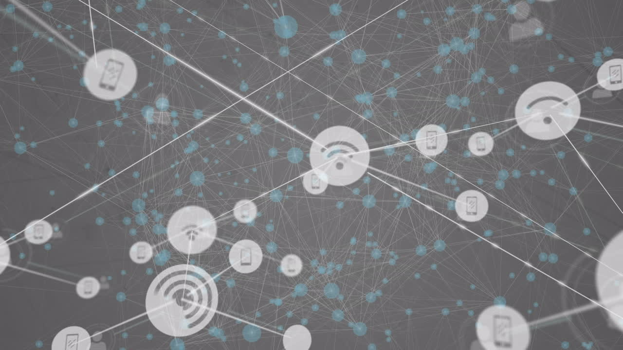 Animation of growing network of media and wifi icons transferring data over connected green hubs