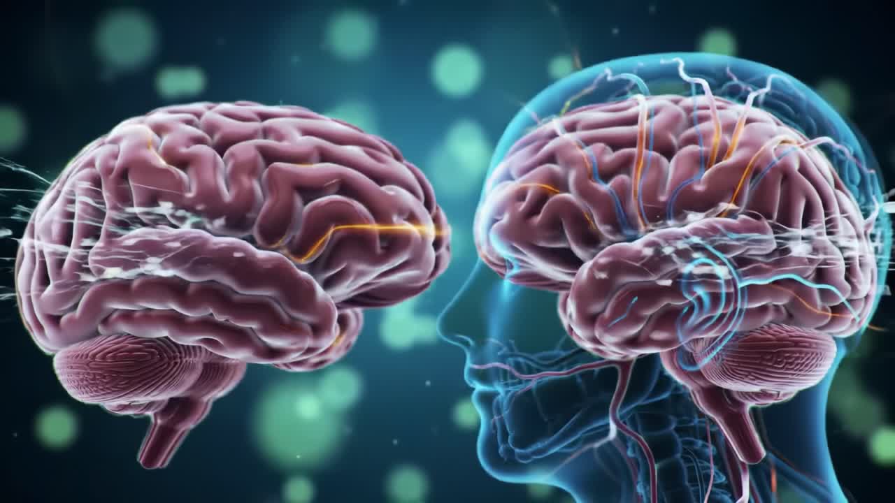 Animation illustrates the intricate workings of the human brain, showcasing neural connections and brain activity patterns.