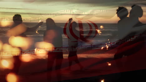 animación de ondear la bandera de irán sobre un grupo de amigos divirtiéndose en la playa