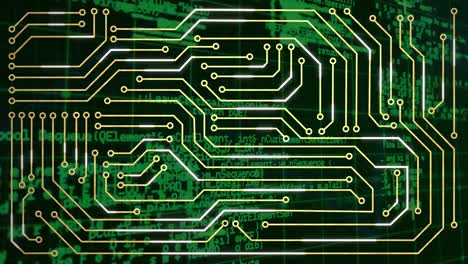 animation of computer circuit board over data processing on black background