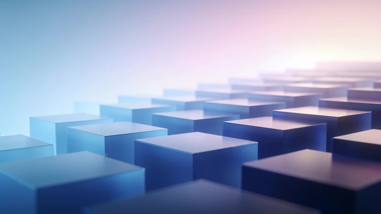 Panning camera dolly revealing receding cuboid grid in 3D studio, showing depth and horizon glow