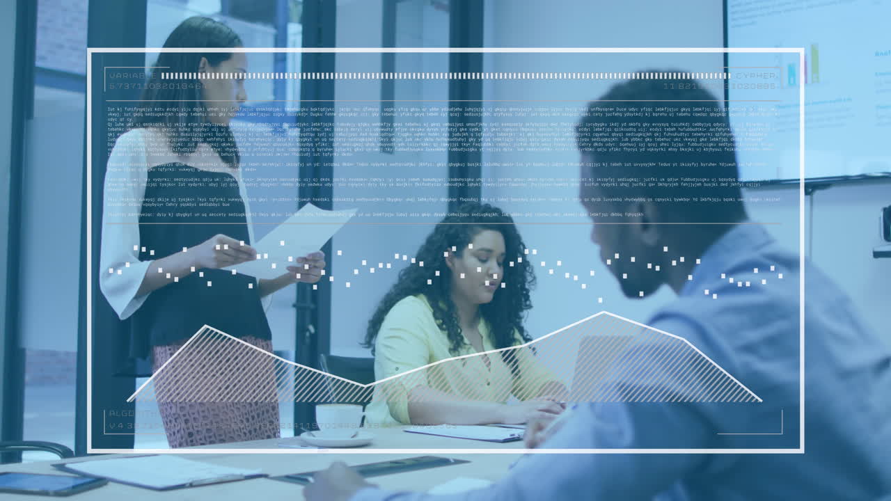 Animation of statistical data processing against diverse colleagues discussing together at office