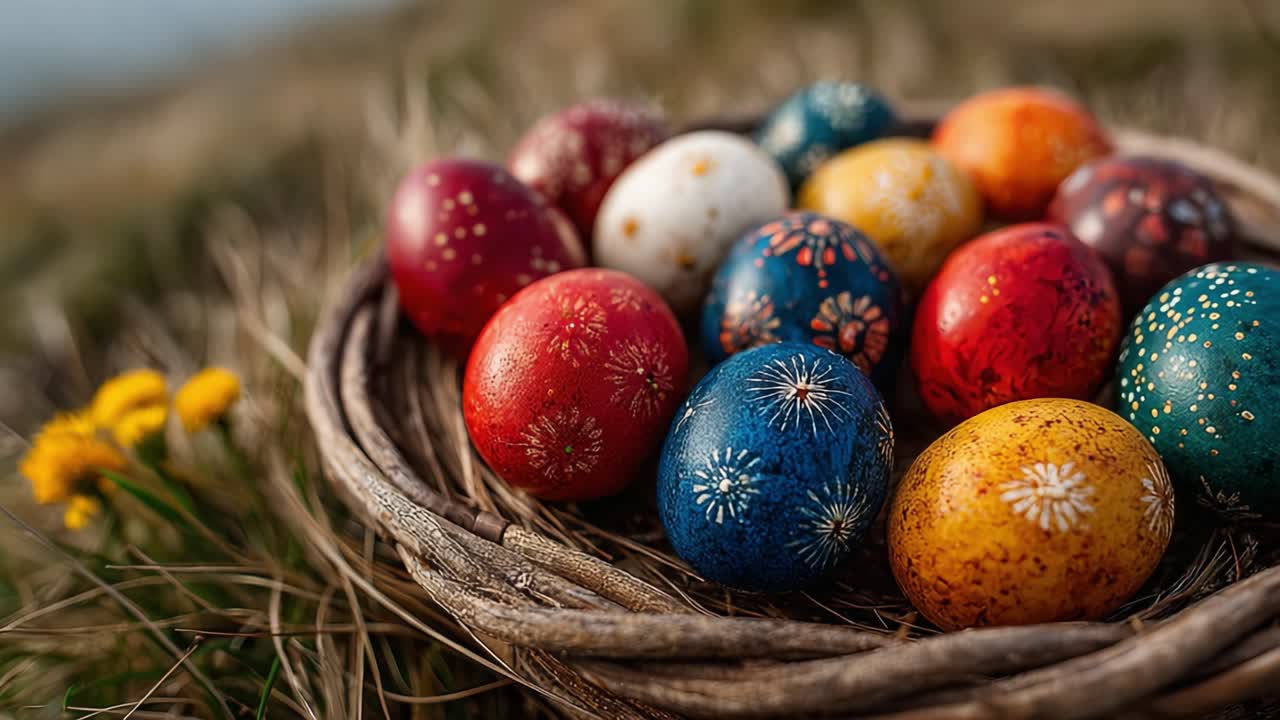 A Colorful Display of Hand-Painted Easter Eggs Nestled in a Rustic Basket Surrounded by Nature's Beauty, Featuring a Vibrant Array of Patterns and Hues