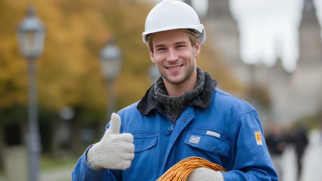 A skilled worker proudly showcases his craftsmanship and cheerful demeanor while holding electrical wires, embodying dedication and professionalism in a picturesque outdoor setting