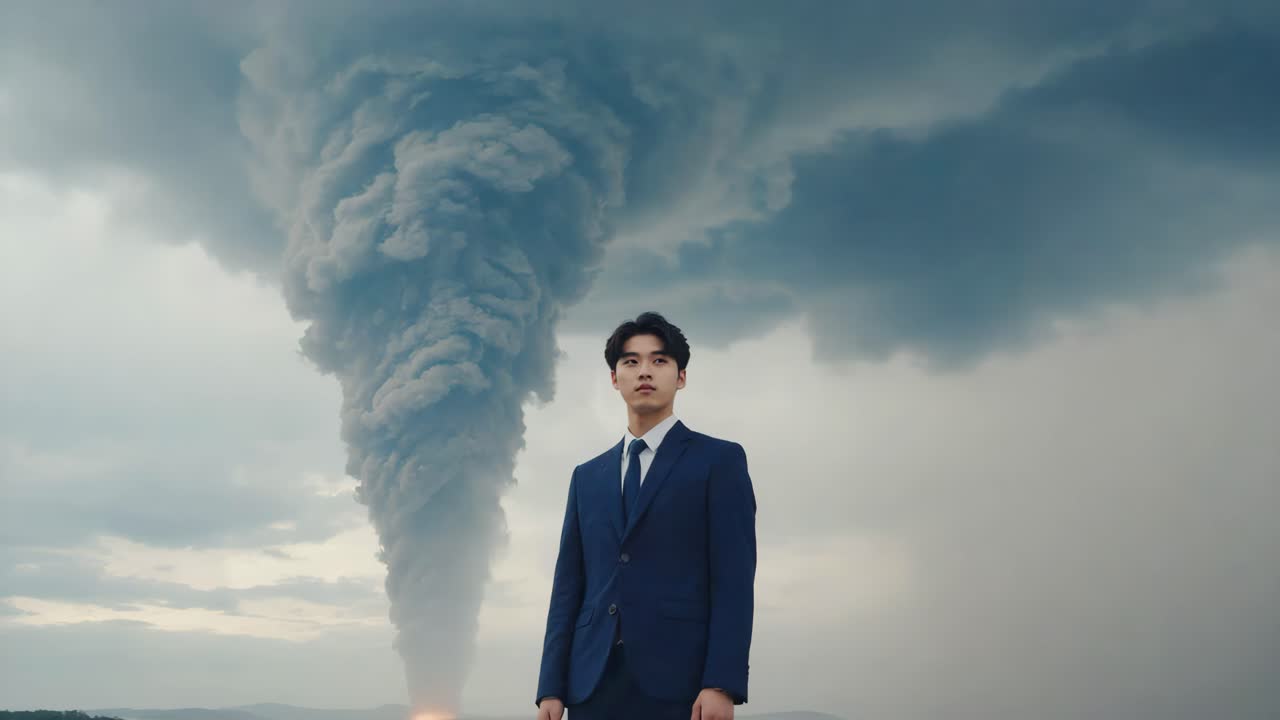 Man in Suit Standing Before Volcanic Eruption