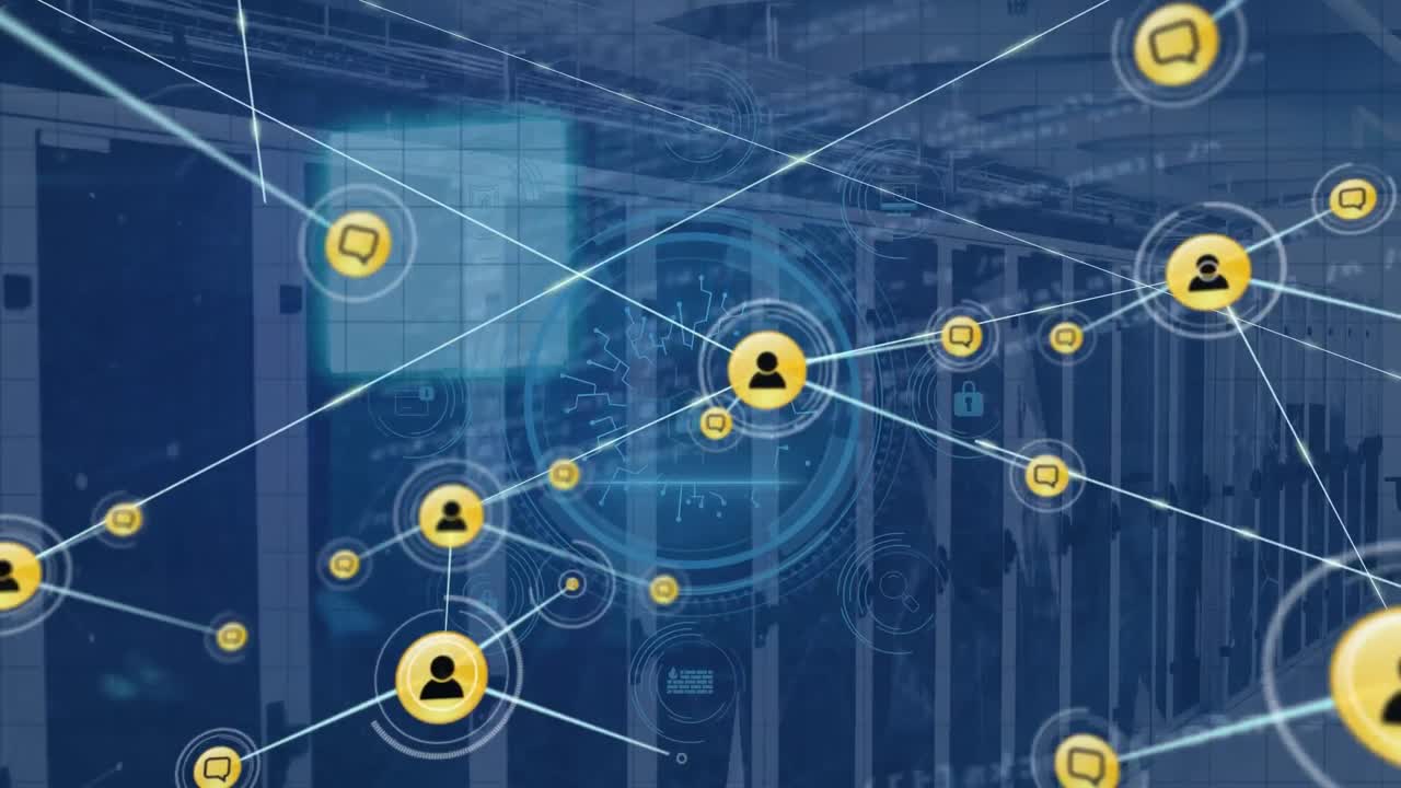 Animation of networks of connections with icons over computer servers