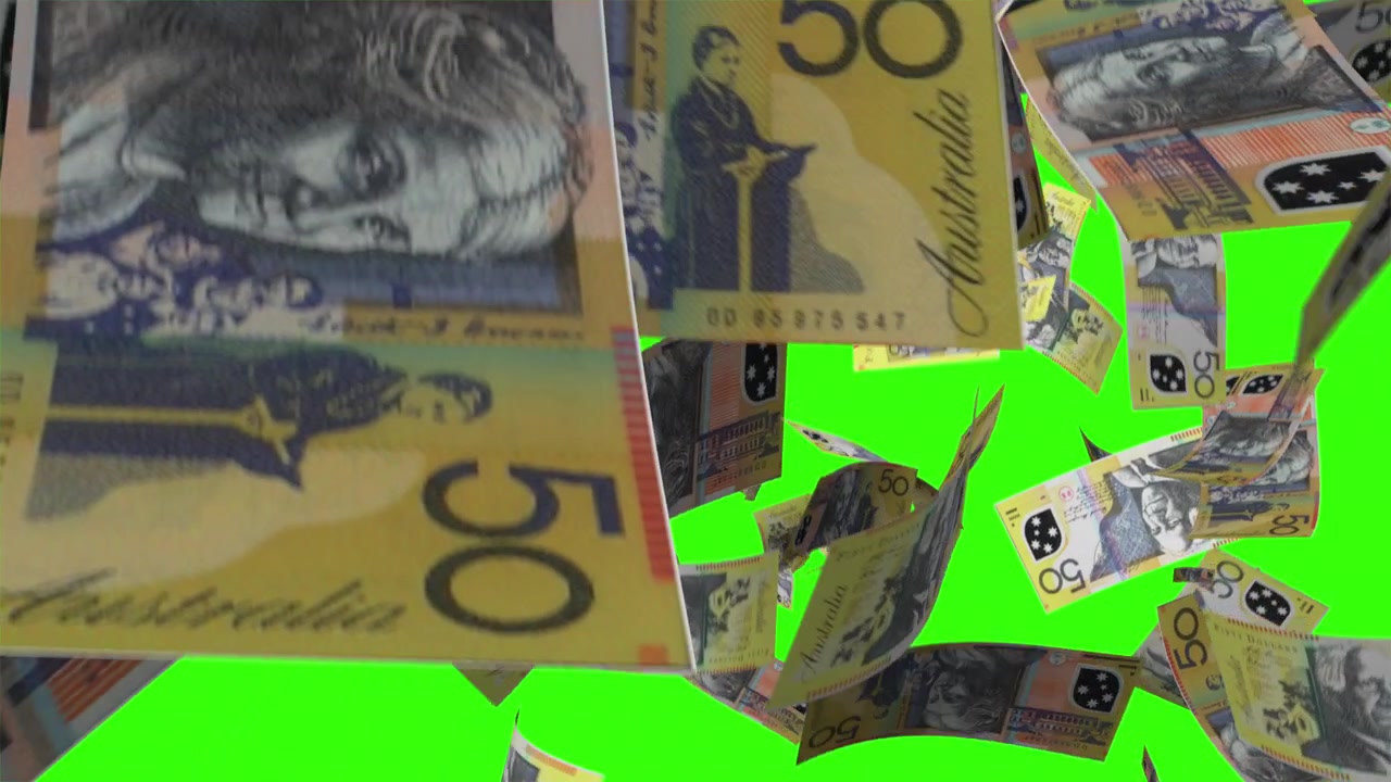 Australske 50 dollar-pengesedler falder på grøn skærm