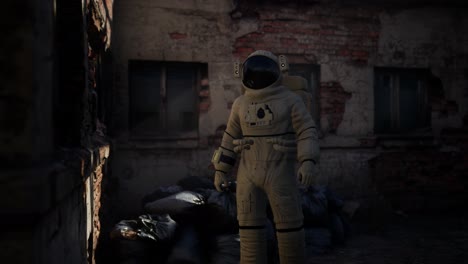 astronauta perdido cerca de edificios industriales abandonados de la vieja fábrica
