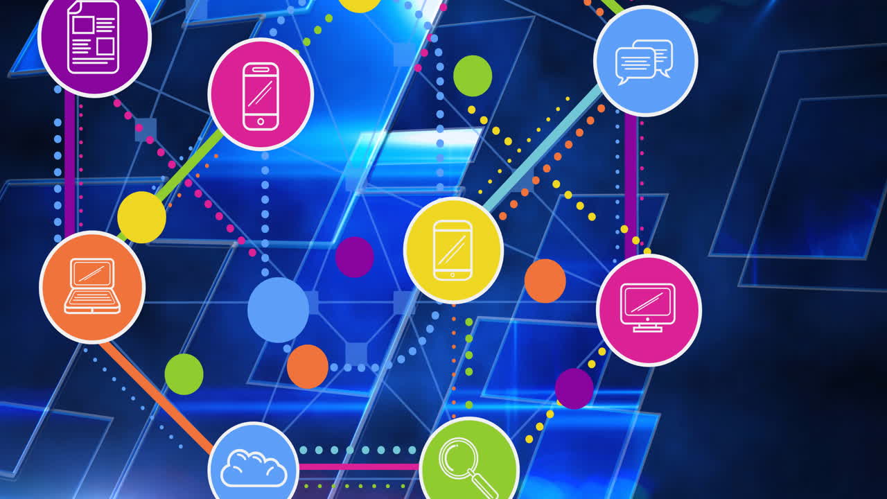 animación de la red de conexiones con iconos digitales