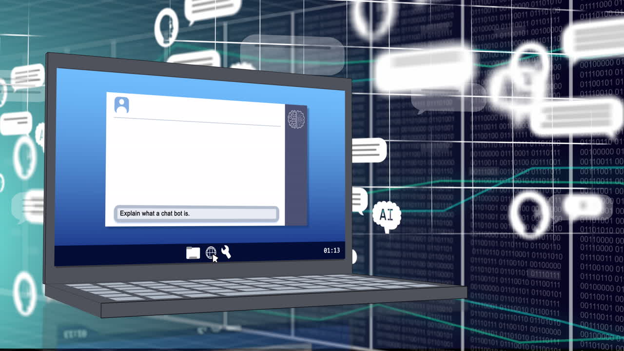 animación de chat artificial y procesamiento de datos en el portátil sobre fondo verde