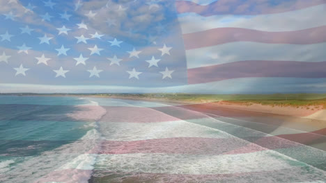 Animation-of-flag-of-usa-blowing-over-beach-landscape