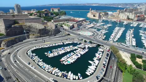 Aerial-of-France,-Cote-d'azur,-Menton,-Old-Port-of-Marseille-and-sea-in-French-riviera