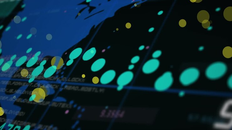 Animation of data processing over world map against black background