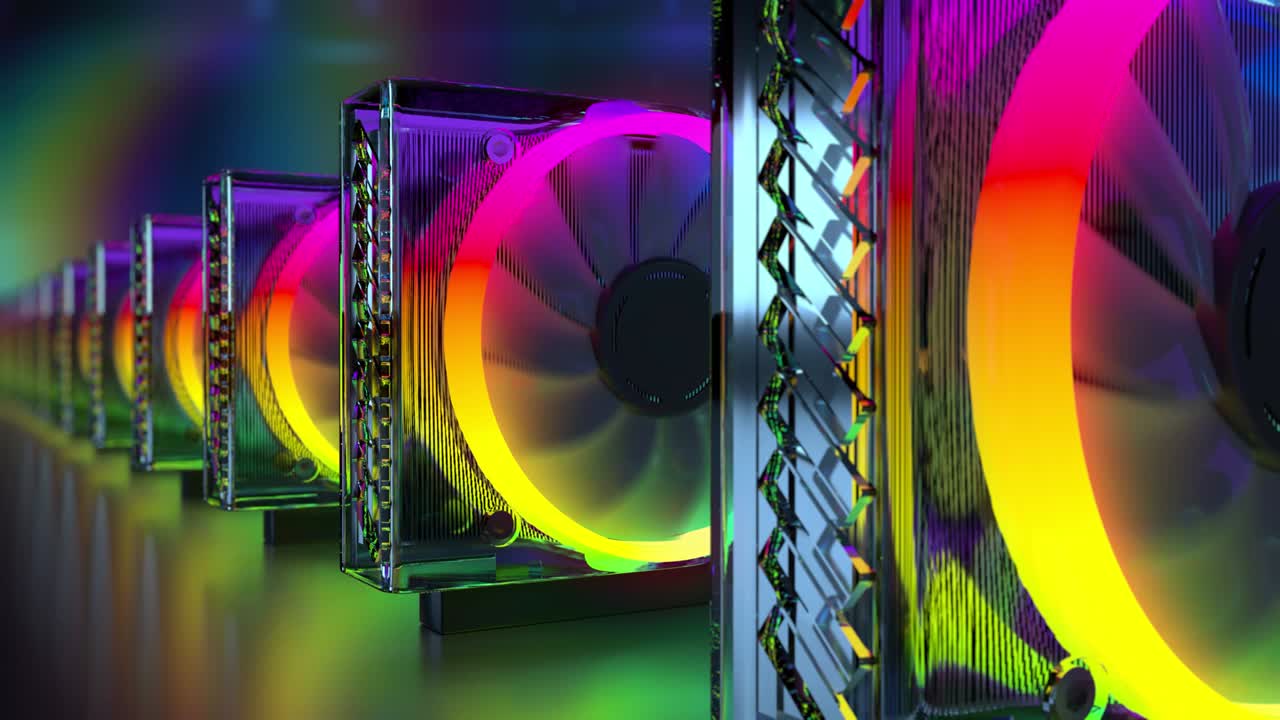 그래픽 카드를 사용하여 암호화폐를 채굴하는 개념적 시각.