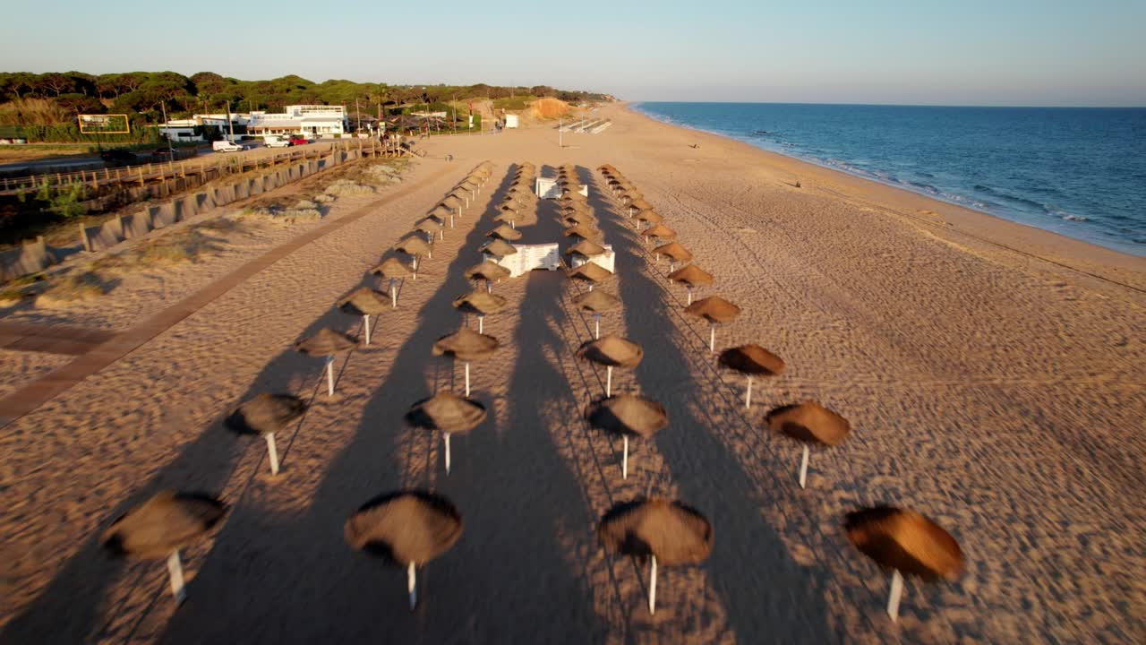 летает над соломенными зонтиками на низкой высоте в квартейре, алгарве, португалия