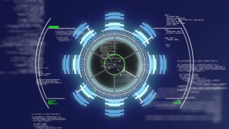 Animation of circular scope scanning with information moving behind on dark background
