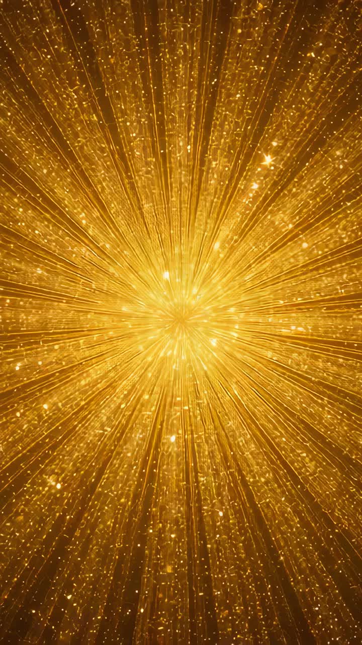 Vertical video: Playing center gold burst sending long rays out on backdrop with drifting glitter