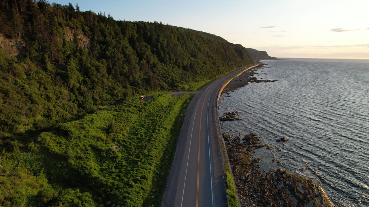 Aerial approach of coast at sunset in Gasp&eacute;sie Qu&eacute;bec