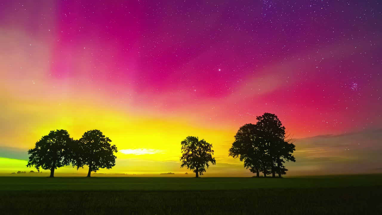 Colorful Night Sky With Northern Lights And Meteor Shower Over Trees In Silhouette. timelapse