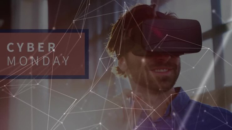 Animation of network of connections over businessman using vr headset