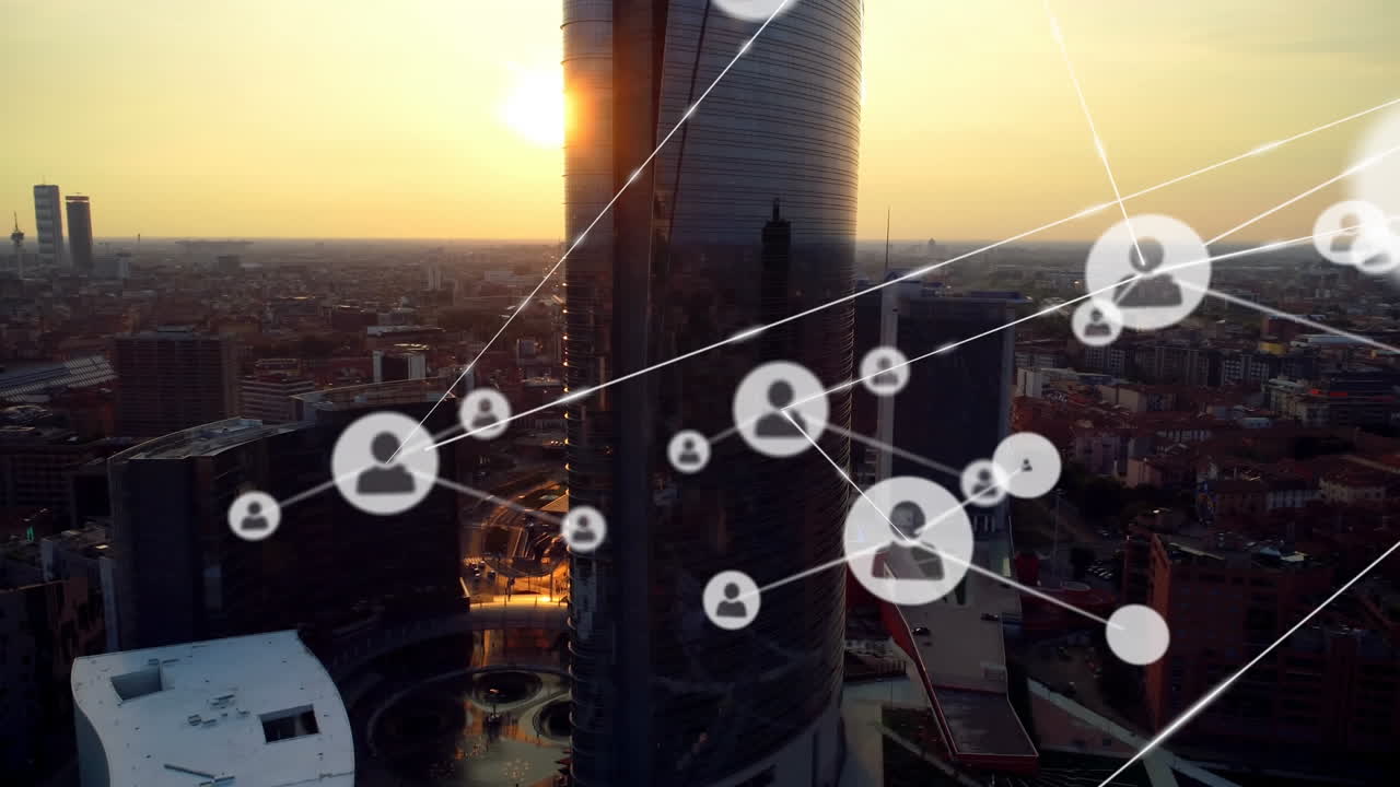 animación de la red de conexiones con iconos sobre el paisaje urbano