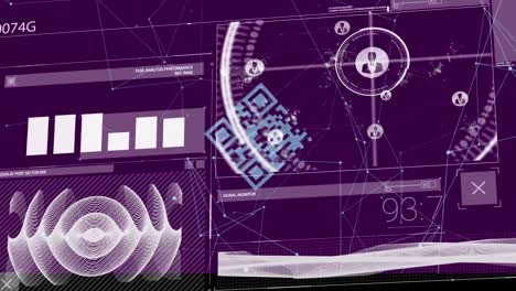 Schleifenförmiger-QR-Code-Mit-Diagrammen,-Profilsymbolen-Und-Spiralwelle-über-Punkten,-Die-Mit-Linien-Verbunden-Sind