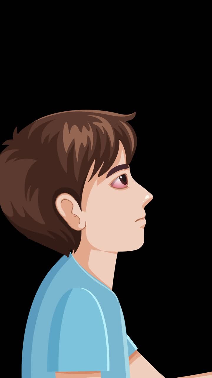Sequenza animata di un bambino con congiuntivite che applica gocce oculari, vista laterale, sfondo nero.