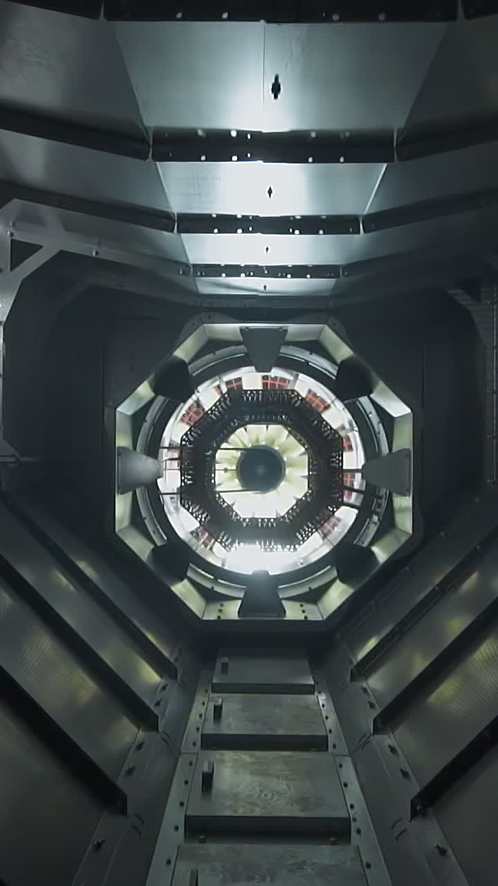 Steel tube with working fan blades on edge as part of ventilation system closeup. Air conditioning technology view from inside. Empty metal corridor