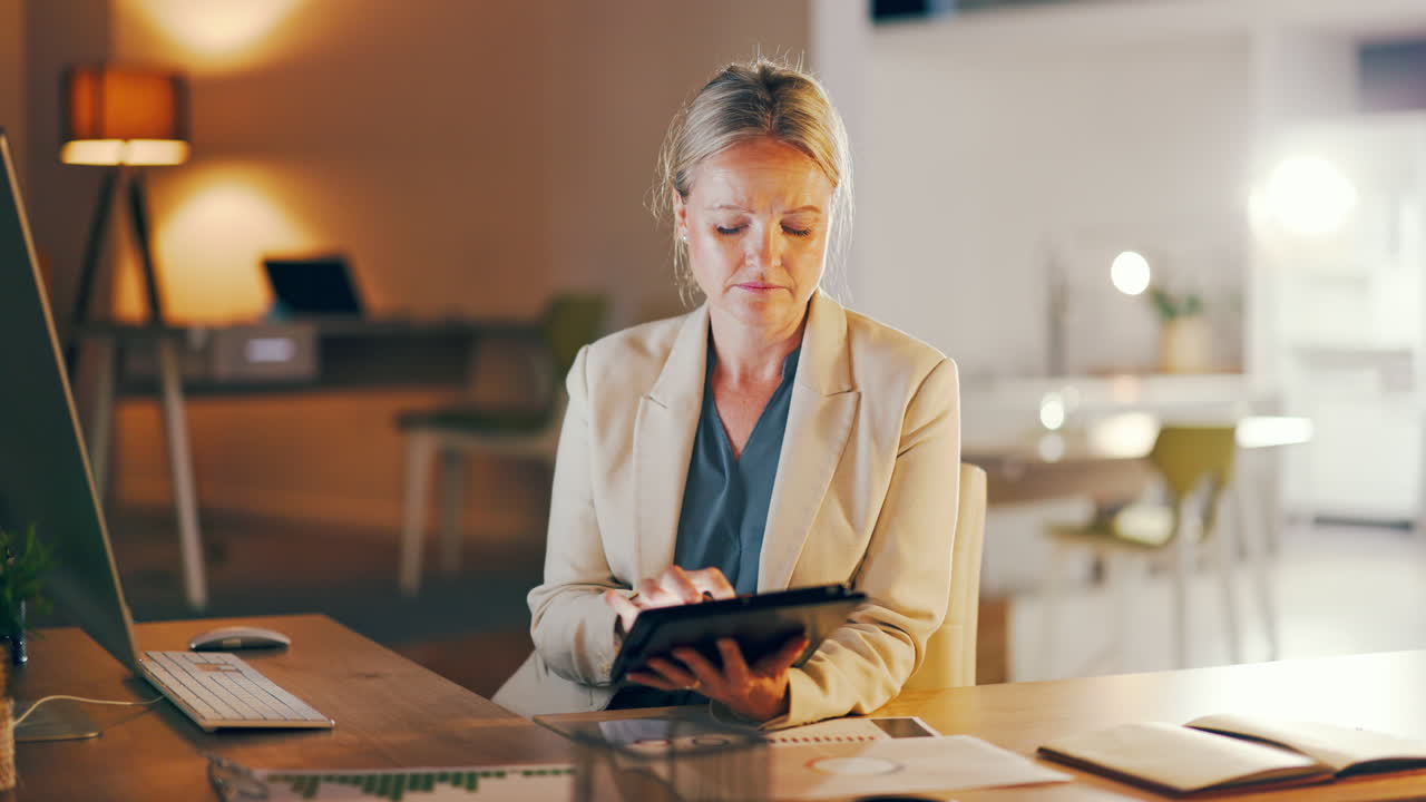 Thinking, tablet and business woman with market