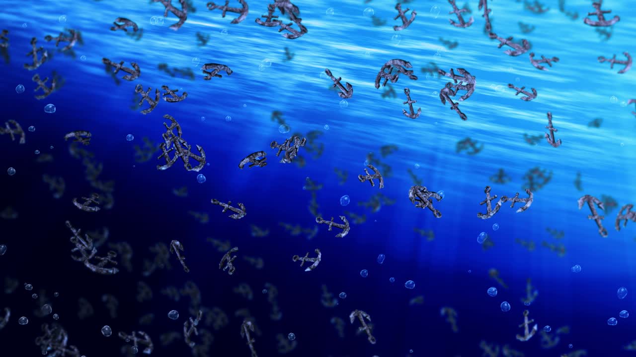 volando muchas anclas en agua azul. ancla de barco y barco. icono marino. animación de bucle 3d de ancla giratoria.