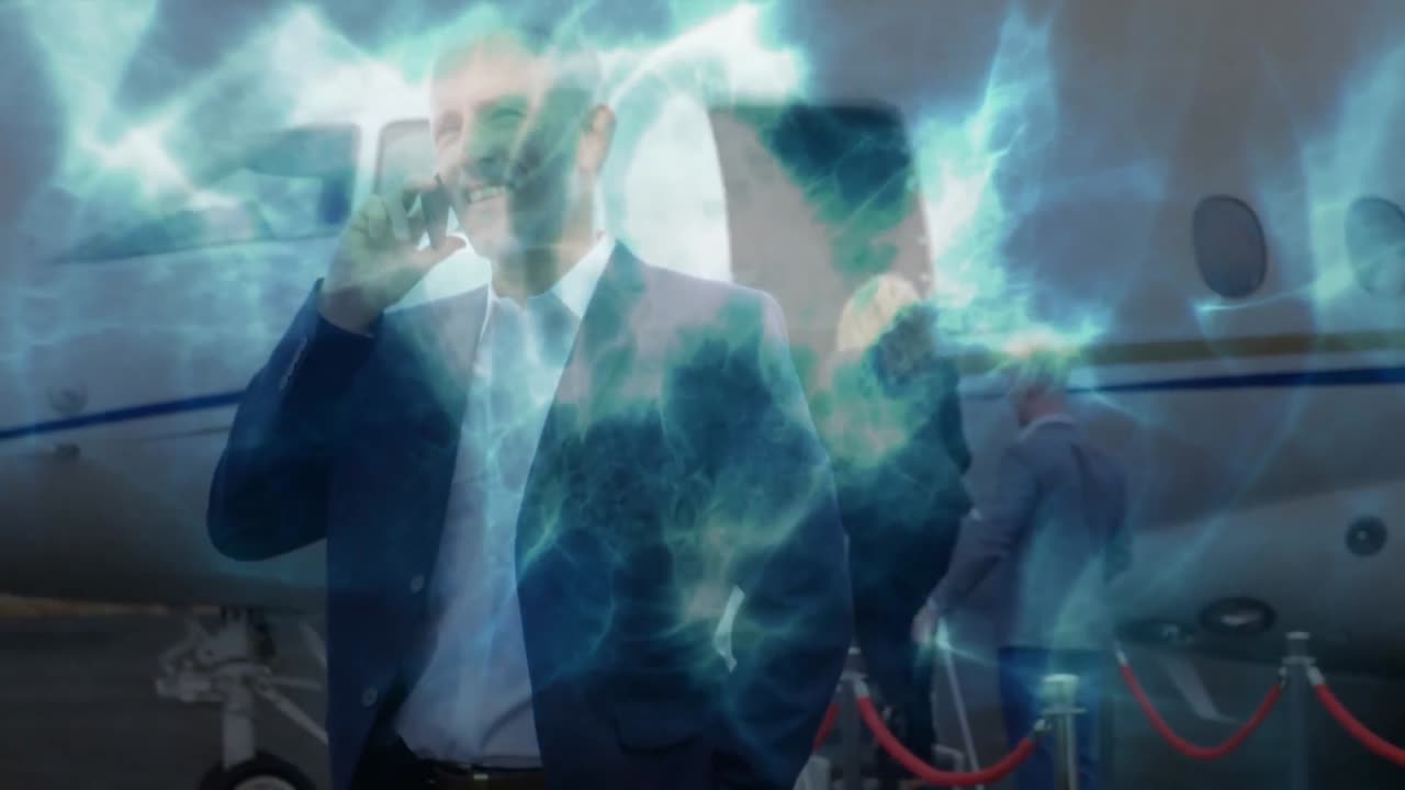 비행기로 사업가에 대한 연결 네트워크의 애니메이션