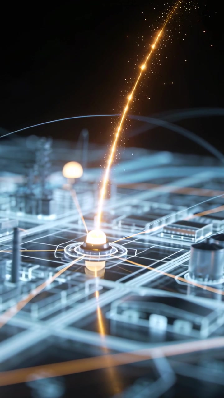 Vertical video: Descending golden stream striking central node on glossy grid, forming orange links