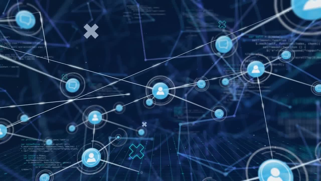 animación de la red de iconos digitales y procesamiento de datos contra un fondo azul