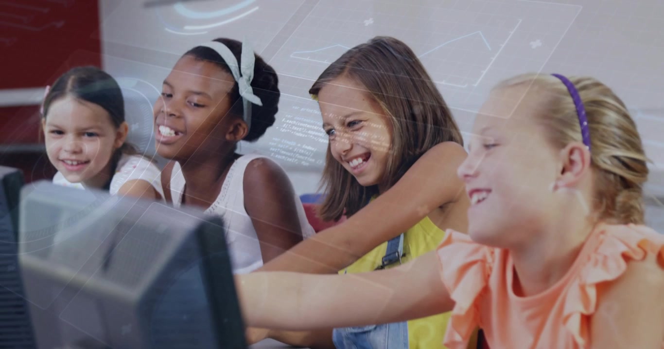 Four girls typing one reaching monitor peers leaning and pointing, sharing discovery in education